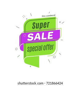 Flat linear promotion ribbon banner, scroll,  price tag, discount, badge, poster. Vector illustration set