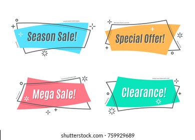 Flat linear promotion ribbon banner, scroll, price tag, sticker, badge, poster. Vector illustration