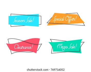 Flat linear promotion ribbon banner, scroll, price tag, sticker, badge, poster. Vector illustration