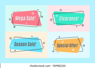 Flat linear promotion ribbon banner, scroll, price tag, sticker, badge, poster. Vector illustration