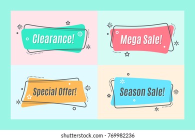 Flat linear promotion ribbon banner, scroll, price tag, sticker, badge, poster. Vector illustration