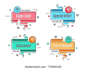 Flat linear promotion ribbon banner, scroll, price tag, sticker. Color swatches control