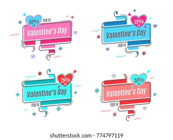 Flat linear promotion ribbon banner to Valentines Day, scroll, price tag, sticker. Color swatches control