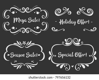 Flat linear promotion ribbon banner, scroll, price tag, sticker, badge, poster. Vector illustration
