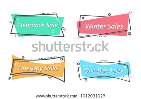 Flat linear promotion ribbon banner, scroll, price tag, sticker, badge, poster. Vector illustration