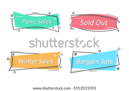 Flat linear promotion ribbon banner, scroll, price tag, sticker, badge, poster. Vector illustration