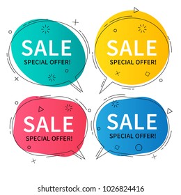 Flat linear promotion ribbon banners, price tags, stickers, badges, posters. Vector illustration.