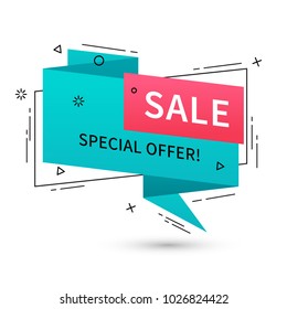 Flat linear promotion ribbon banners, price tags, stickers, badges, posters. Vector illustration.