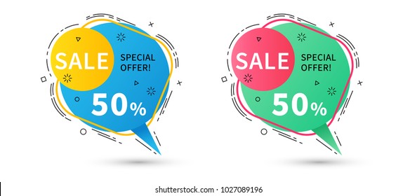 Flat linear promotion ribbon banners, price tags, stickers, badges, posters. Vector illustration.