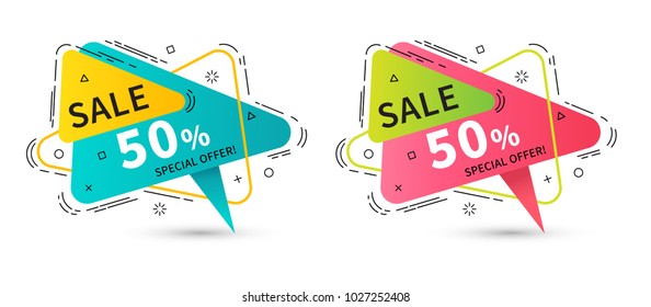 Flat linear promotion ribbon banners, price tags, stickers, badges, posters. Vector illustration.