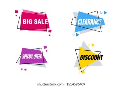 Flat linear promotion ribbon banners, price tags, stickers, badges, posters. Vector illustration.