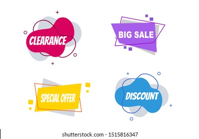 Flat linear promotion ribbon banners, price tags, stickers, badges, posters. Vector illustration.