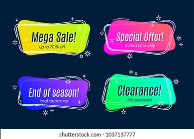 Flat linear promotion vivid banner, scroll, price tag, sticker, badge, poster. Vector illustration