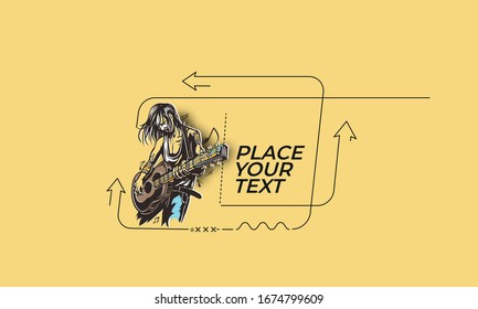 Flat linear Rockstar guy playing guitar banner, scroll,  sticker, badge, price tag, poster.