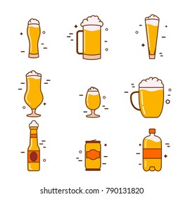 Flat linear set of beer icons. Glasses, a bottle and a can of beer