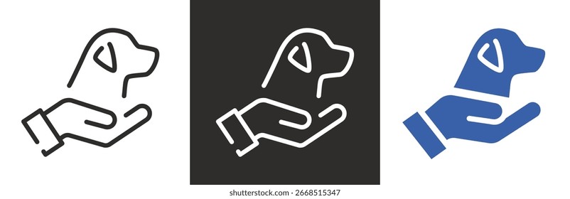 flat and linear set icons, animal protection icon, dog care, pet, simple symbols on white and black background - editable stroke vector illustration