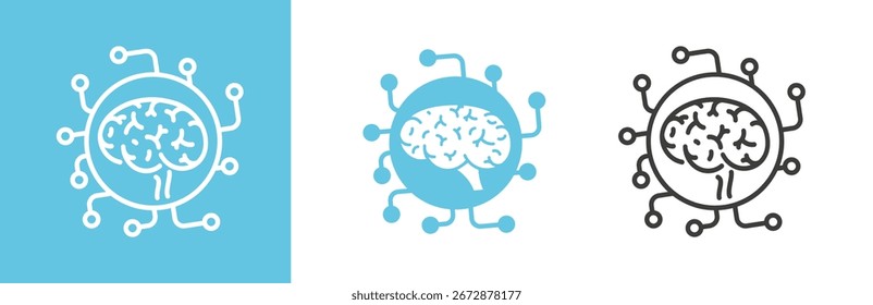 flat and linear set icons, artificial Intelligence icon, brain ai tech,  intelligent technology, logo circuit board, microchip, simple symbols on white and black background - editable stroke