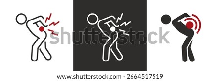 flat and linear set icons, back pain icon, backache concept, simple symbols on white and black background - editable stroke vector illustration