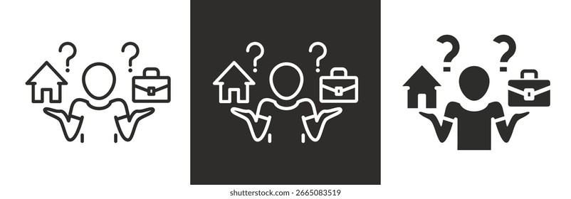 Iconos planos y lineales del sistema, pregunta de la carrera o de la familia, icono de la casa o del trabajo de la opción, persona de la duda, símbolos simples en el fondo blanco y negro - Ilustración vectorial editable del movimiento