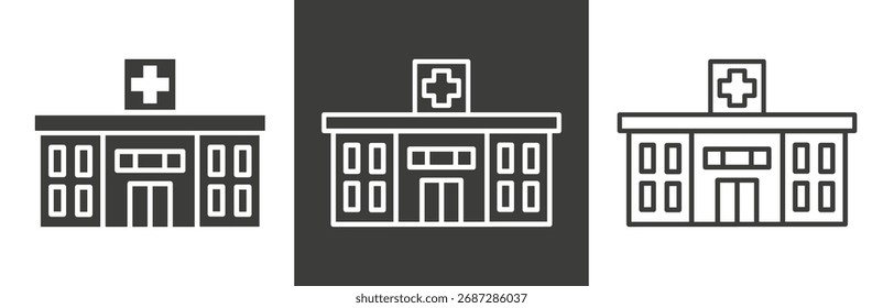 Iconos planos y lineales del sistema, icono de la clínica, hospital médico público, símbolos simples en el fondo blanco y negro - Ilustración vectorial editable del movimiento