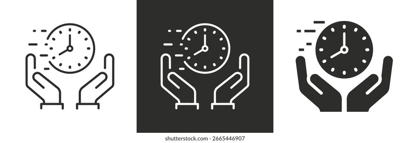 ícones de conjunto planos e lineares, executar em prazo rápido, ícone de economia de tempo valor, designado rápido, símbolos simples rápidos em fundo branco e preto - ilustração de vetor de traçado editável