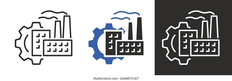 flat and linear set icons, factory with gear, industry icon, industrial building, simple symbols on white and black background - editable stroke vector illustration
