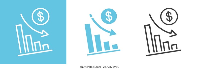 ícones de conjunto plano e linear, ícone de risco financeiro, benefício reduzir o dólar, custo de redução, símbolos simples no fundo branco e preto - ilustração de vetor de traçado editável