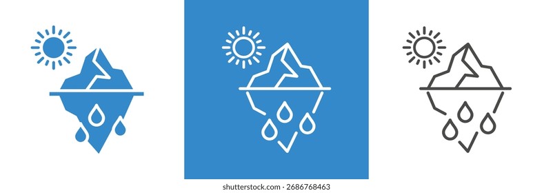 Iconos de conjunto plano y lineal, ícono de fusión de iceberg, sol y glaciar, cambio climático, problema de calentamiento global, símbolos simples sobre fondo blanco y negro - Ilustración vectorial de trazo editable