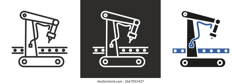 flat and linear set icons, industrial robot arm, machine icon, factory, simple symbols on white and black background - editable stroke vector illustration