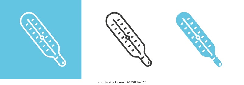 Iconos de conjunto plano y lineal, ícono de termómetro médico, medida de la temperatura corporal, símbolos simples sobre fondo blanco y negro - Ilustración vectorial editable de trazo