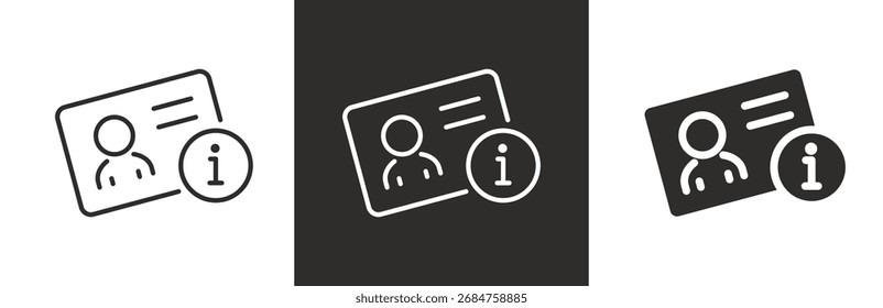 ícones de conjunto planos e lineares, informações pessoais, dados de acesso, informações pessoais, identificação para funcionário, ícone de conta de usuário, em fundo branco e preto - ilustração de vetor de traçado editável