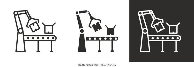 flache und lineare Satzsymbole, Produktion ab Werk, Symbol der automatisierten Produktionslinie, einfache Symbole auf weißem und schwarzem Hintergrund - bearbeitbare Strichvektorgrafik