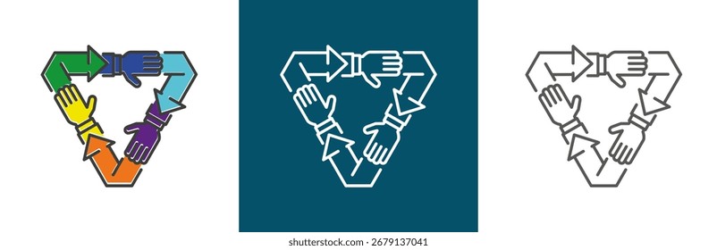 ícones de conjunto plano e linear, parceria de programa para reutilização, ícone, trabalho em equipe de conservação do ecossistema, ajuda a reciclagem conjunta, símbolos simples em fundo branco e preto - ilustração vetorial de traçado editável