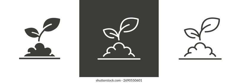 flat and linear set icons, seedling in the soil, growth plant icon, outline flower leaf, simple symbols on white and black background - editable stroke vector illustration
