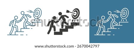 flat and linear set icons,mentoring for motivation, mentor support for man climbs the stairs, help person climbs in achieving the goal, progress steps, simple symbols vector illustration