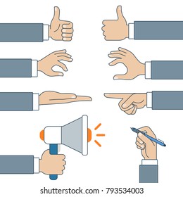 Flat linear set of male business man hands sing web infographics vector concept. Give, take, put. like, indicate, specify, point, point out, show, ask, wrist holds loudspeaker, pan, pencil. 