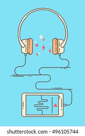 Flat linear smartphone and headphones on blue background. Bright vector illustration. Music listening trendy design concept.