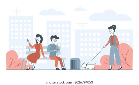 Flat linear street in business style. Man and woman are surfing the internet on the bench and another woman is walking the dog. Blue and red colours. Simple flat and informative. 