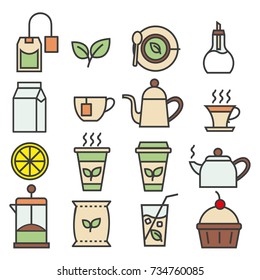 Flat linear tea icons set