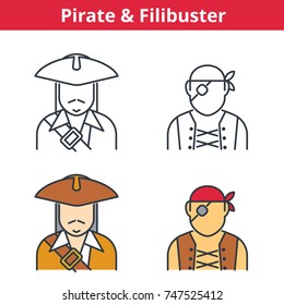 Flat and linear vector avatar set: pirat, capitain, filibuster. Outline human userpic collection. Colorful thin line face icons for user profiles, web design, social media and infographics.