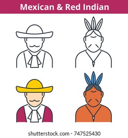 Flat and linear vector avatar set: Mexican and Red Indian. Latin america outline human userpic collection. Colorful thin line face icons for user profiles, web design, social media and infographics.