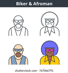 Flat And Linear Vector Avatar Set: Biker And Afroman. Gangster And Street Gang Member Outline Human Userpic Collection. Colorful Thin Line Face Icons: Afro American Gangsta And Motobike Rider.