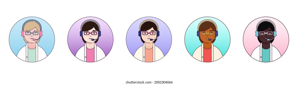 Flat linear vector avatars set women doctor wearing headphone, online aid, telemedicine