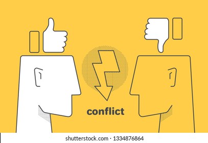 flat linear vector image on yellow background, human head and like, conflict between internet users