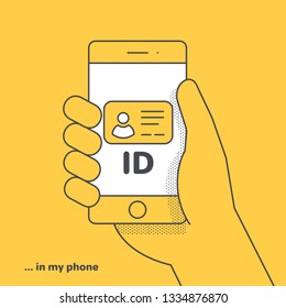 flat linear vector image on yellow background, hand holds smart phone, electronic ID