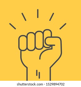 flat linear vector image on yellow background, hand with fist raised up, protest or greeting