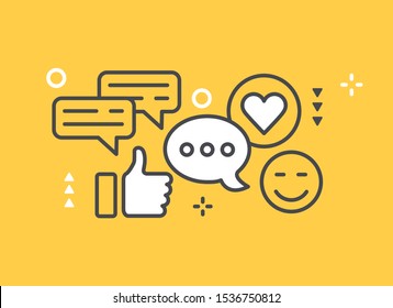 flat linear vector image on yellow background, social network icons, flat vector image on white background, likes and messages