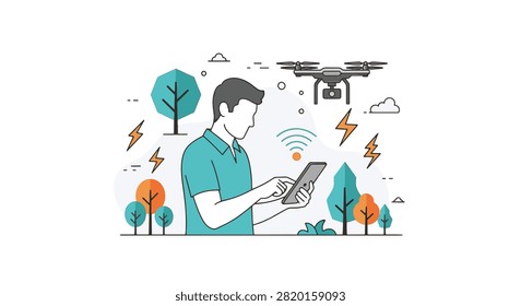 Flat linear vector of a man using a tablet to control a camera drone outdoors. Features stylized trees, lightning symbols, and Wi-Fi signal in a clean modern graphic design.