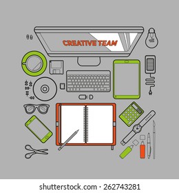 Flat lineart design vector illustration concept of creative office workspace with computer. 