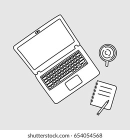 Flat lineart hand drawn design vector illustration concept of creative office workspace with laptop, notebook, and a cup of coffee.